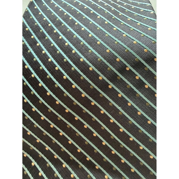 Claiborne Men's Necktie Silk Black Teal Gold Striped Polka Dot Handmade - Picture 2 of 4